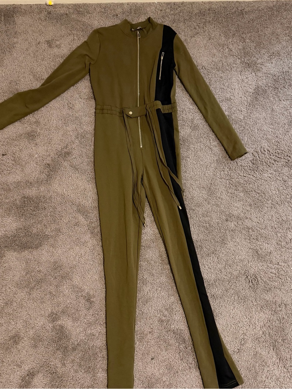 Fashion nova Olive & Black Long Sleeve Jumpsuit with Zip Front size large